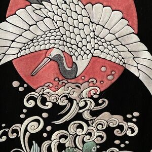 Black Long Sleeve Shirt with Crane and Wave Design